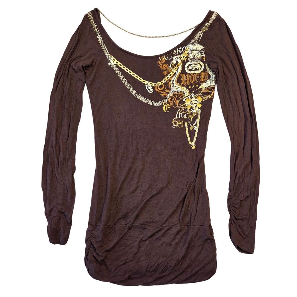 Vtg 90s Ecko Y2K Shirt Womens XS 2000s Bratz Preppy Brown Chain Detail Bling